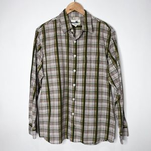 BKE Button Down Plaid Athletic Fit Long Sleeve Green Brown White Men's Size M